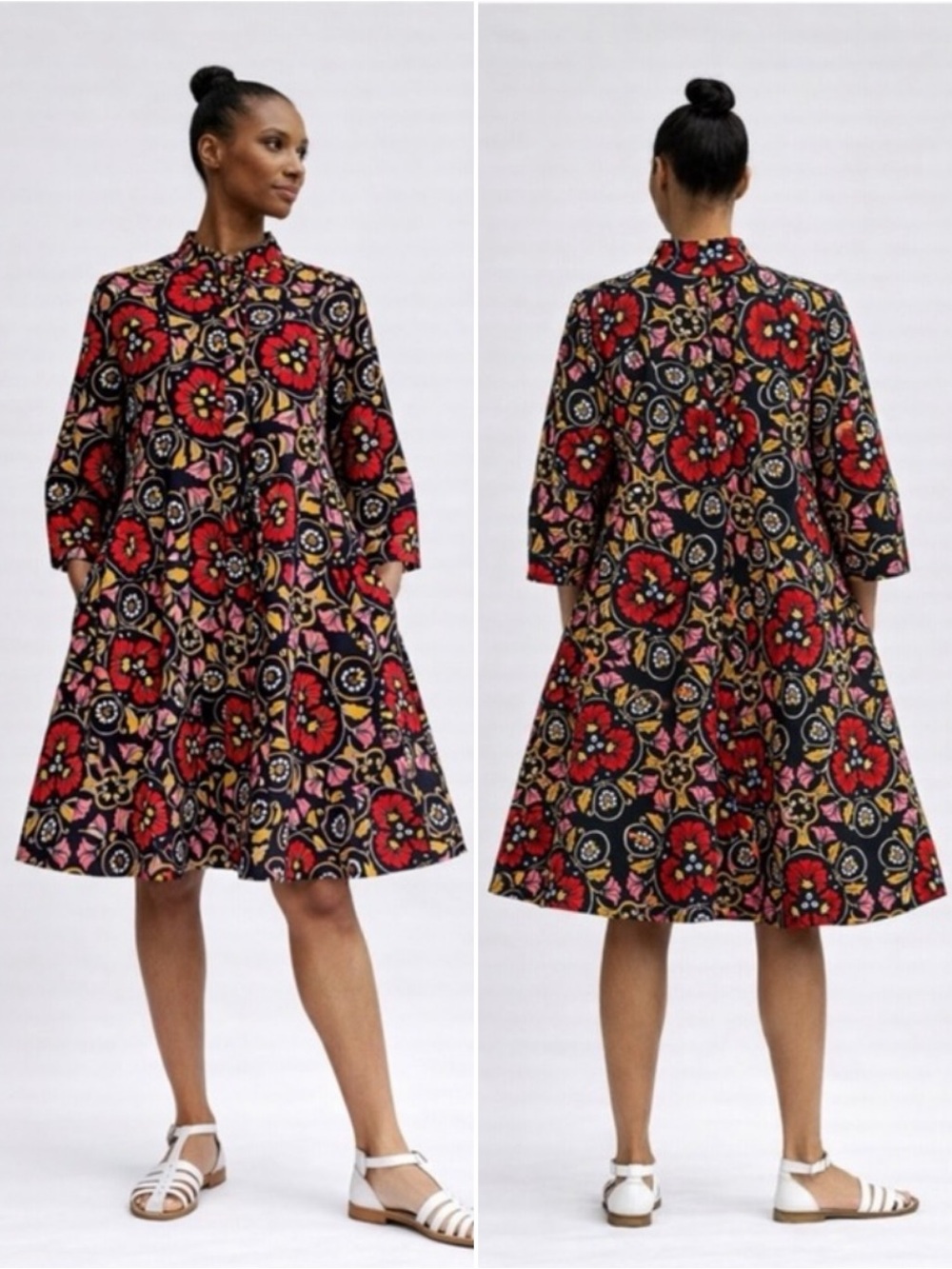 Zuri Kenya African Print Shirt Dress Black Red Floral A-Line Button Front Size L